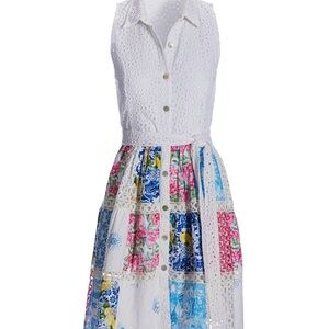 Boston Proper Mixed Media Eyelet Patchwork Print Fit and Flare Dress XS No Belt